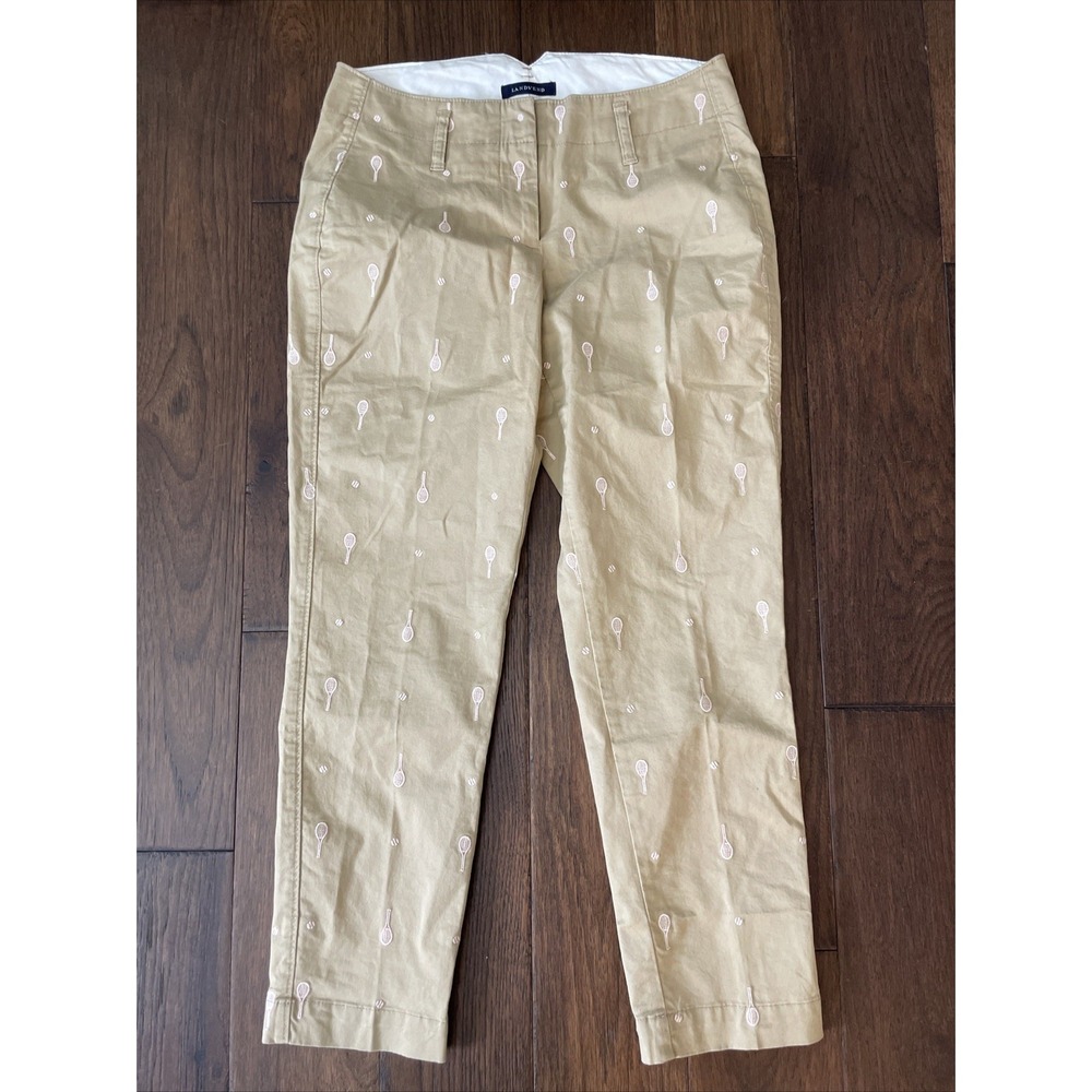 Lands End Ankle Pants Womens 4P Khaki Embroidered Tennis Rackets Basic Fun